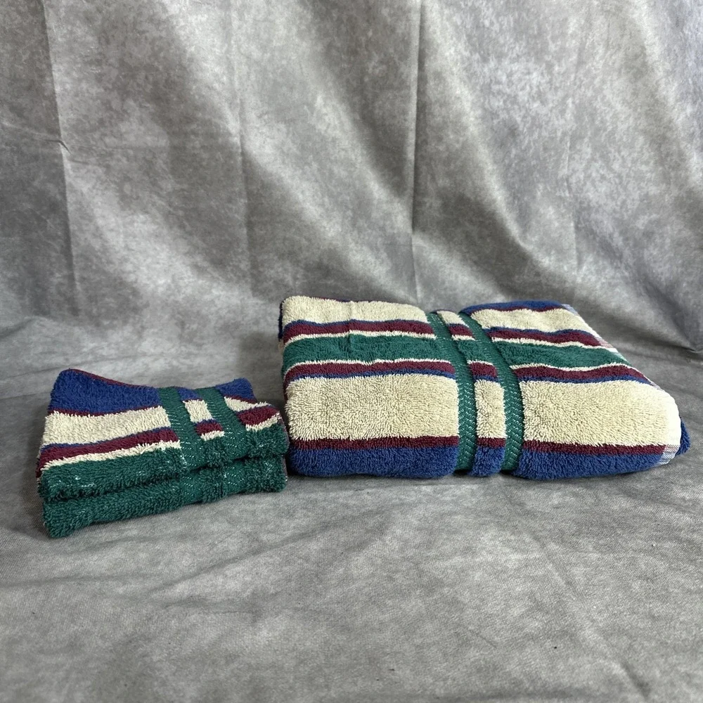 Canon Vintage Towel Set Wash Cloth Bath Green‎ Blue 90s 100% Cotton